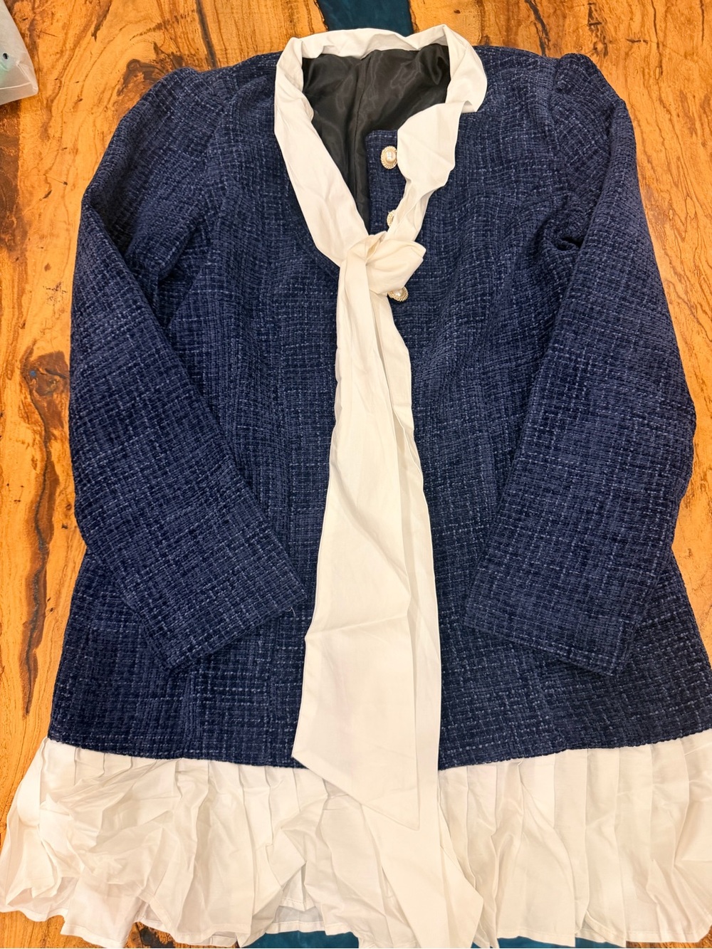 COMMENSE Women’s Navy Tweed Jacket Dress with White Ruffle Trim - NWT